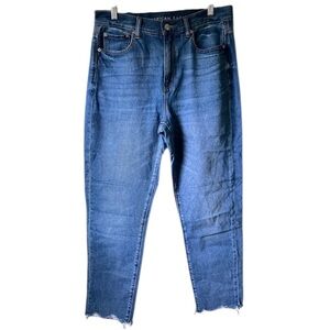 American Eagle Womens Medium Wash High Rise Mom Jeans Distressed Hem 8